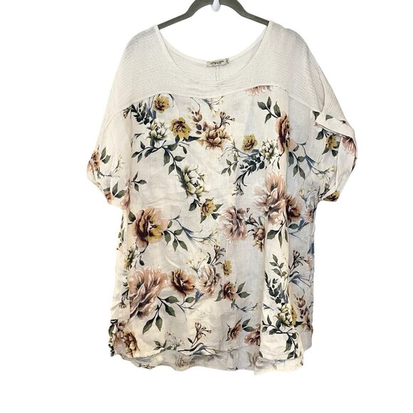 Lungo L’Arno Puro Lino Linen Top Beige Floral Boho Tunic Top Boxy Fit Plus 2X - Picture 1 of 5